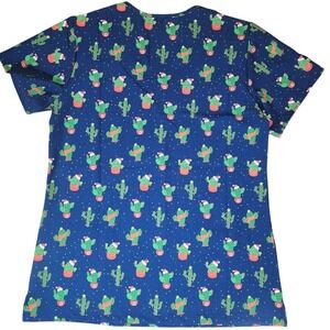 Christmas Cactus Print Scrub Top Women's M Blue V Neck Short Sleeve NWT